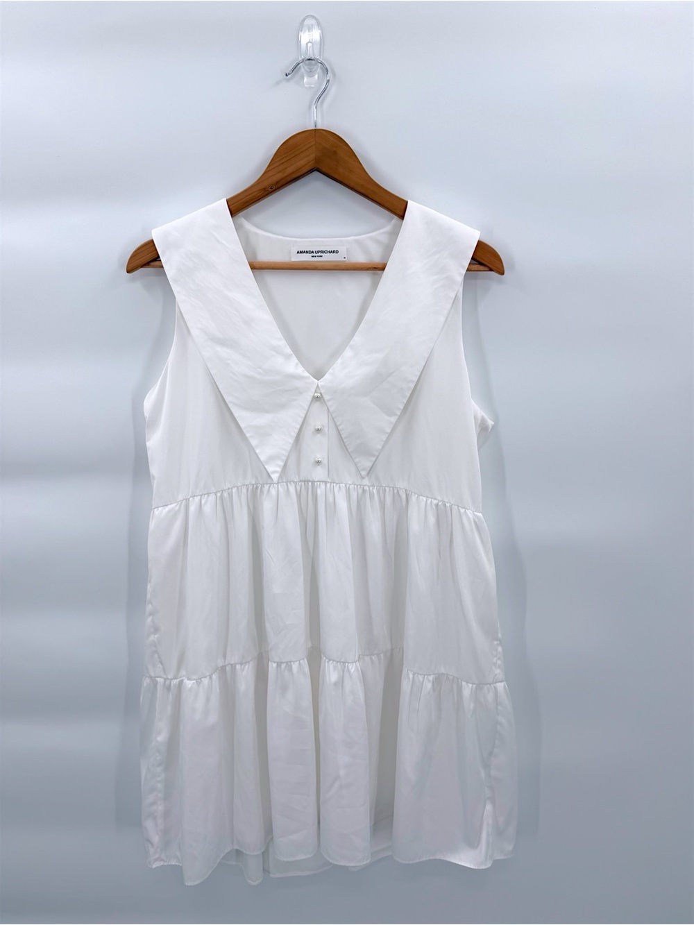 Amanda Uprichard White Tiered Mini Dress M Oversized Collar Babydoll Coastal - Picture 2 of 12